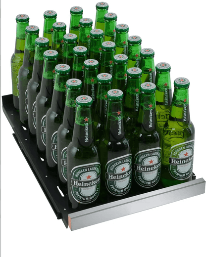 Allavino 15" Wide FlexCount II Tru-Vino Stainless Steel Left Hinge Beverage Center image of beer bottles on shelf