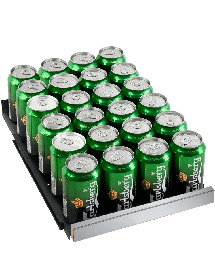 Allavino 15" Wide FlexCount II Tru-Vino Stainless Steel Left Hinge Beverage Center image of beer cans on shelf