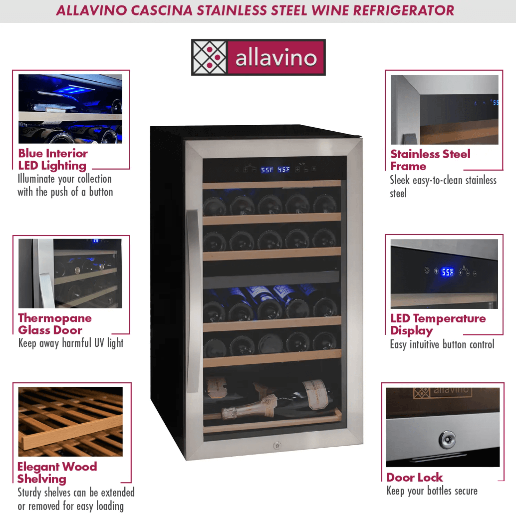 Allavino Cascina Series 28 Bottle Single Zone Freestanding Wine Refrigerator Cooler with Stainless Steel Door image of product sheet