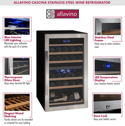 Allavino Cascina Series 28 Bottle Single Zone Freestanding Wine Refrigerator Cooler with Stainless Steel Door image of product sheet