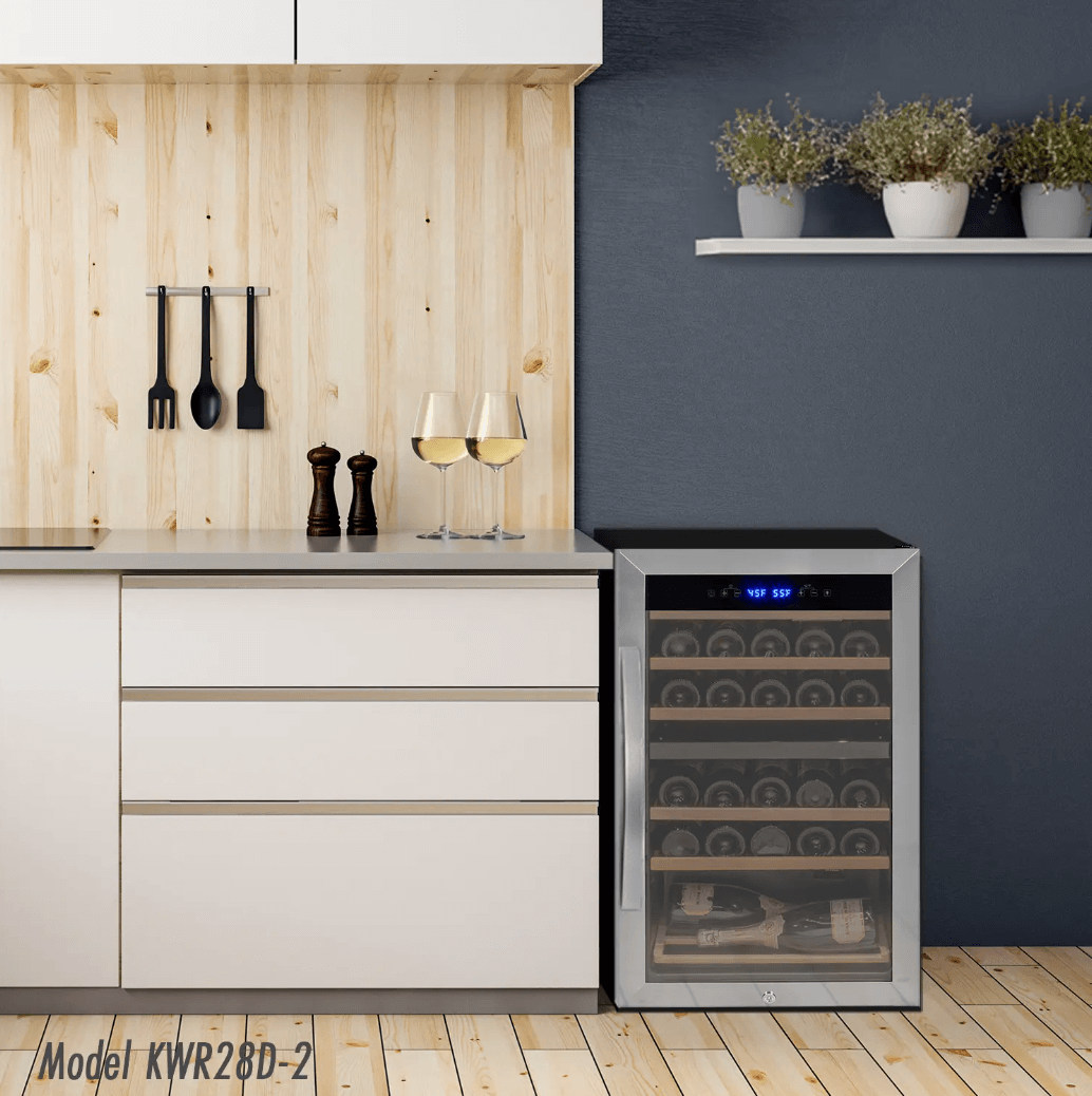 Allavino Cascina Series 28 Bottle Single Zone Freestanding Wine Refrigerator Cooler with Stainless Steel Door image unit in kitchen