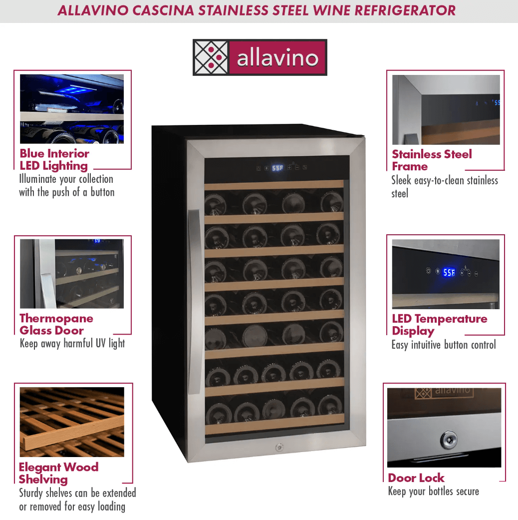 Allavino Cascina Series 50 Bottle Single Zone Freestanding Wine Refrigerator Cooler with Stainless Steel Door image of product sheet