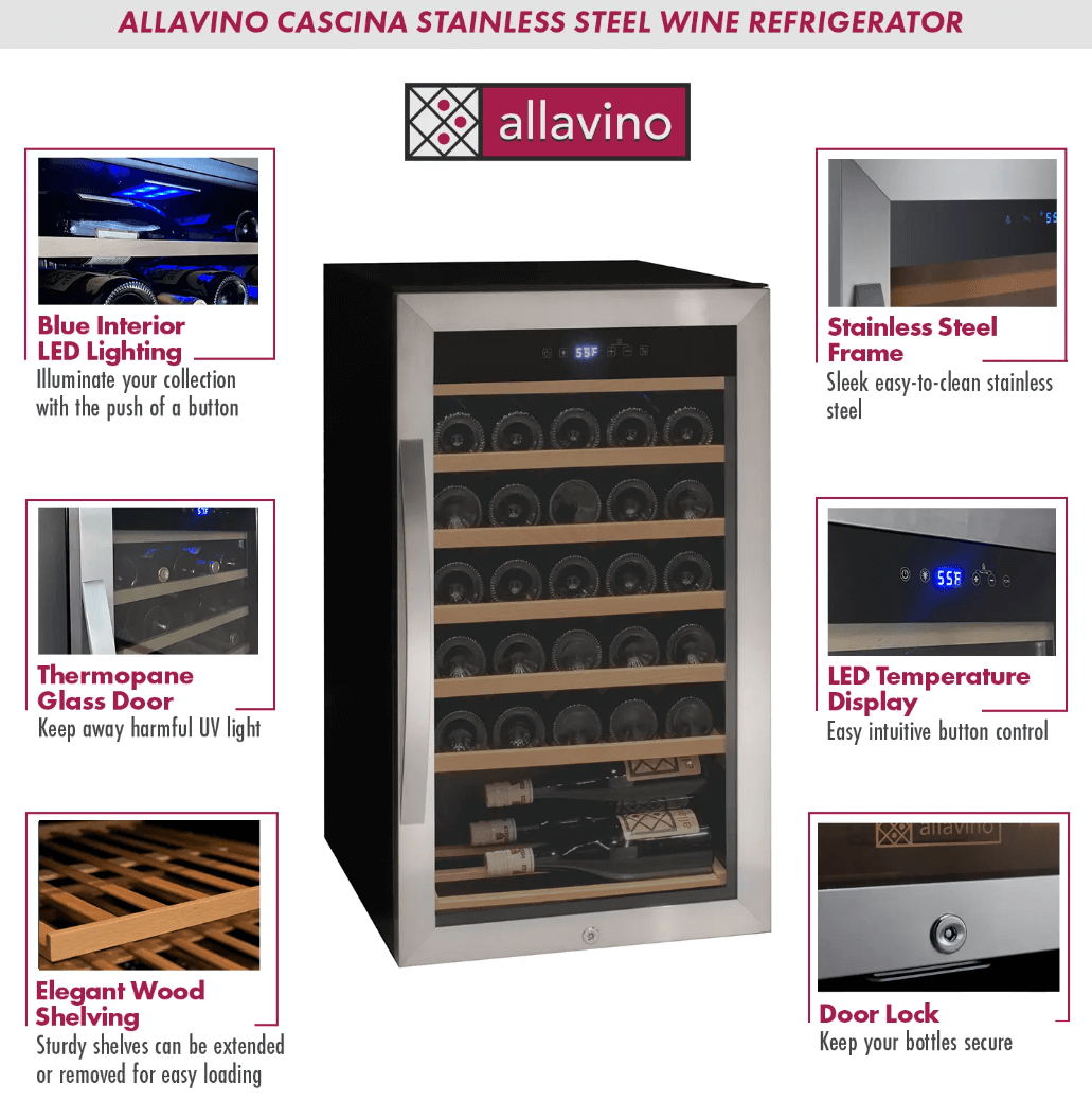 Allavino Cascina Series 33 Bottle Single Zone Freestanding Wine Refrigerator Cooler with Stainless Steel Door image of product sheet