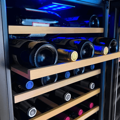 Allavino Cascina Series 33 Bottle Single Zone Freestanding Wine Refrigerator Cooler with Stainless Steel Door image of interior blue light