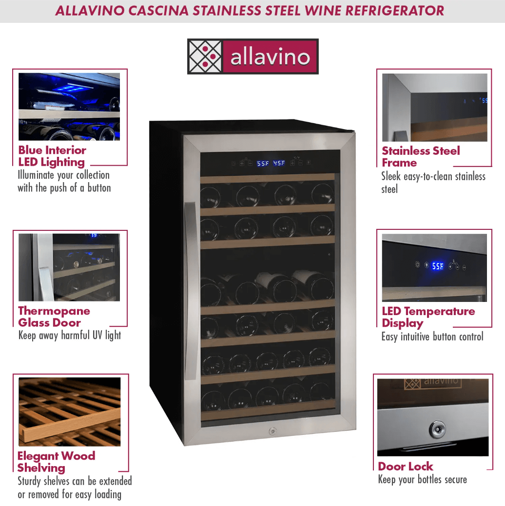 Allavino Cascina Series 43 Bottle Dual Zone Freestanding Wine Cooler Refrigerator with Stainless Steel Door image of product sheet