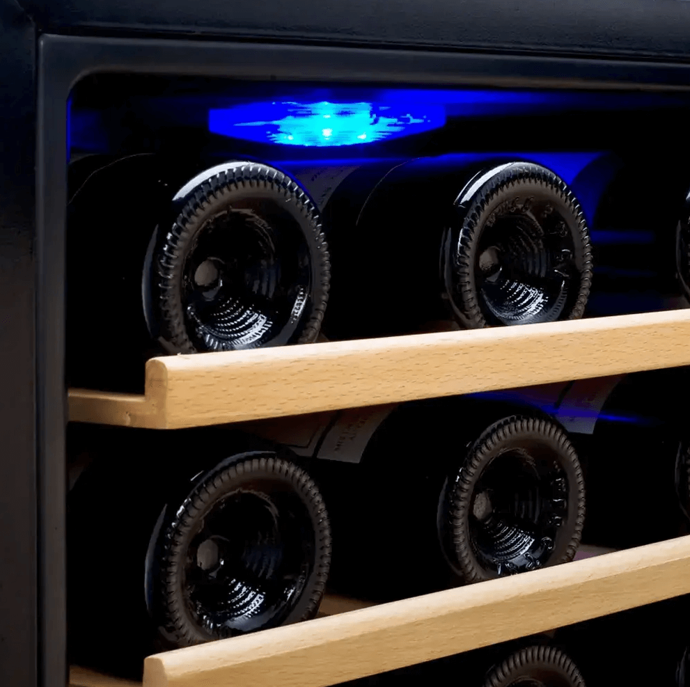 Allavino Cascina Series 43 Bottle Dual Zone Freestanding Wine Cooler Refrigerator with Stainless Steel Door image of interior blue light