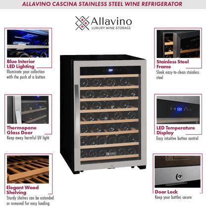 Allavino Cascina Series 55 Bottle Single Zone Freestanding Wine Refrigerator Cooler with Stainless Steel Door image of product sheet