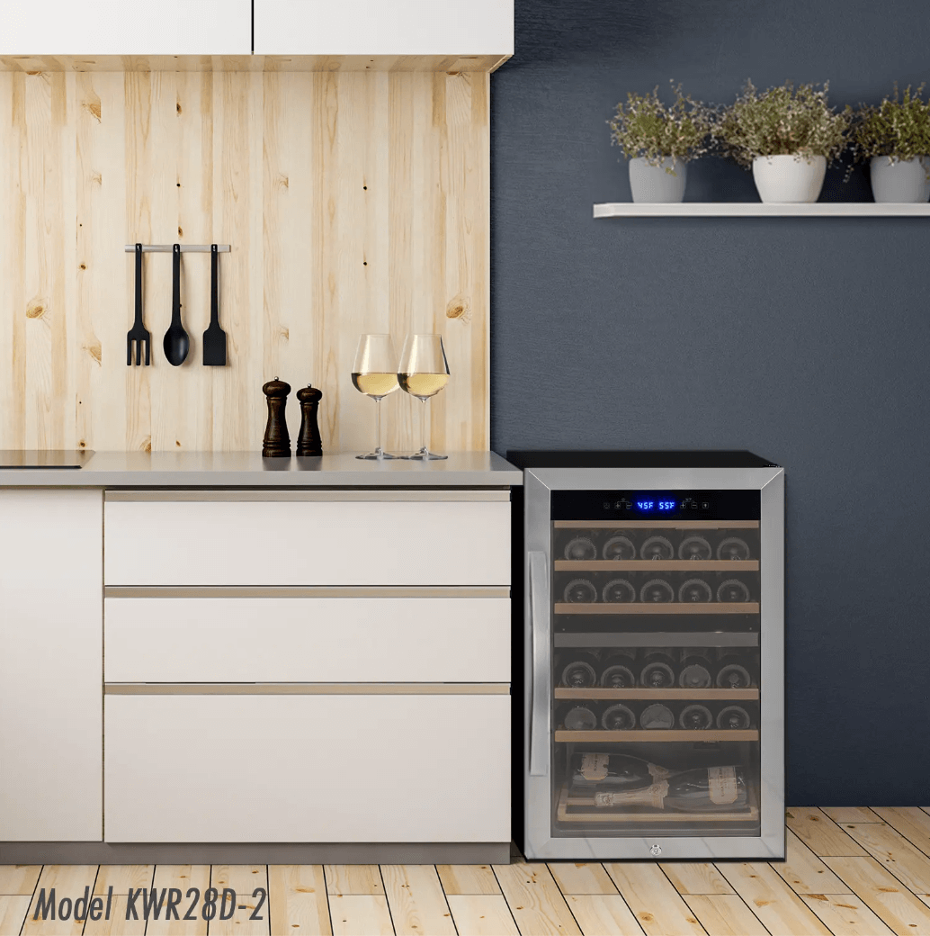 Allavino Cascina Series 55 Bottle Single Zone Freestanding Wine Refrigerator Cooler with Stainless Steel Door image of unit in kitchen