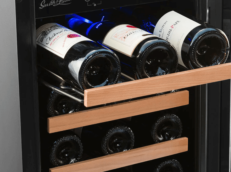 Smith & Hanks 32 Bottle Dual Zone Wine Cooler, Stainless Steel Door Trim image of wine bottles on wine shelf