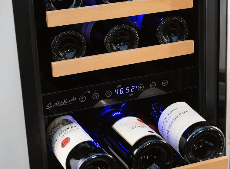 Smith & Hanks 32 Bottle Dual Zone Wine Cooler, Stainless Steel Door Trim image of wine bottles on wine shelf