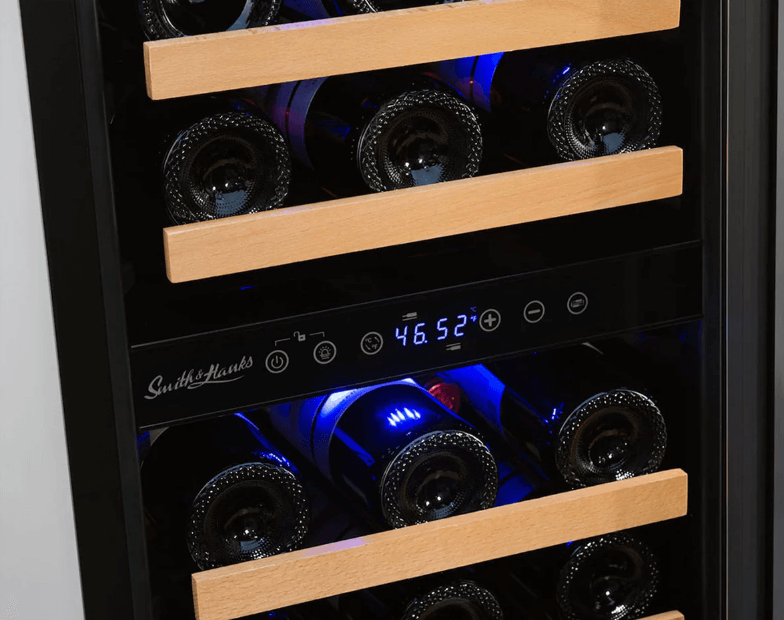 Smith & Hanks 32 Bottle Dual Zone Wine Cooler, Stainless Steel Door Trim image of temperature readout