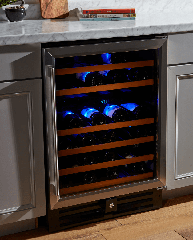 Smith & Hanks 46 Bottle Dual Zone Under Counter Wine Cooler image of unit built into kitchen cabinet