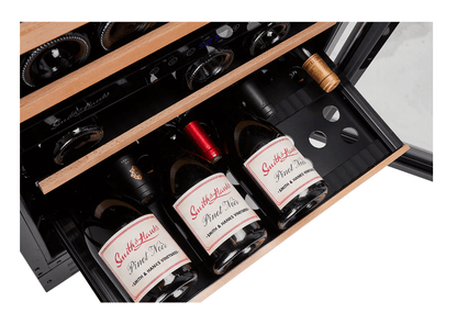 Smith & Hanks 46 Bottle Premium Dual Zone Under Counter Wine Cooler image of wine bottles on wine shelf