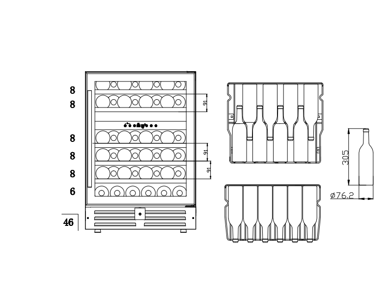 Smith & Hanks 46 Bottle Black Stainless Dual Zone Under Counter Wine Cooler image of bottle storage diagram