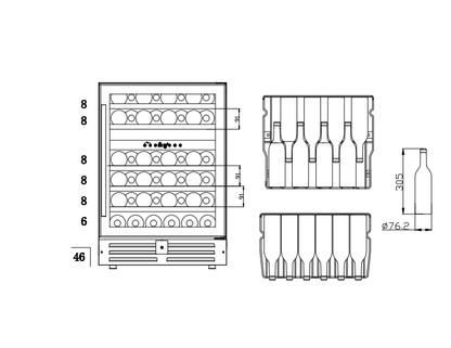 Smith & Hanks 46 Bottle Black Stainless Dual Zone Under Counter Wine Cooler image of bottle storage diagram