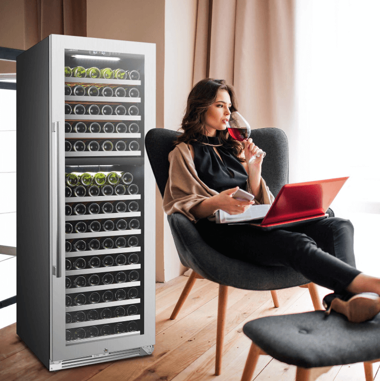 Lanbopro 153 Bottle Dual Zone Wine Cooler LP168D image of unit freestanding in a room