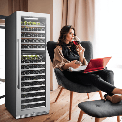 Lanbopro 153 Bottle Dual Zone Wine Cooler LP168D image of unit freestanding in a room