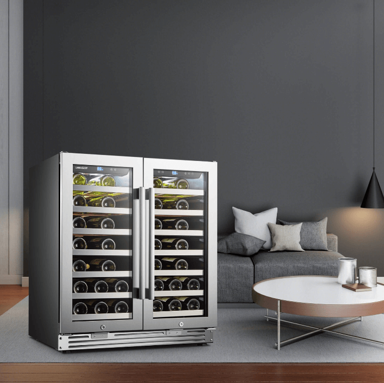 Lanbopro 52 Bottle Dual Door Wine Cooler LP66D image of product freestanding in room