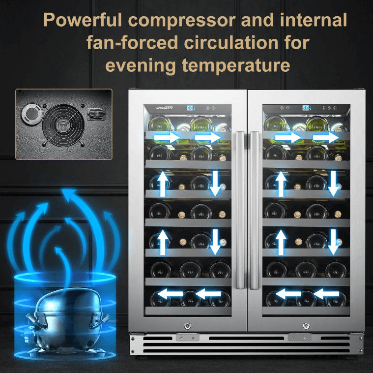 Lanbopro 52 Bottle Dual Door Wine Cooler LP66D image of product with description and feature