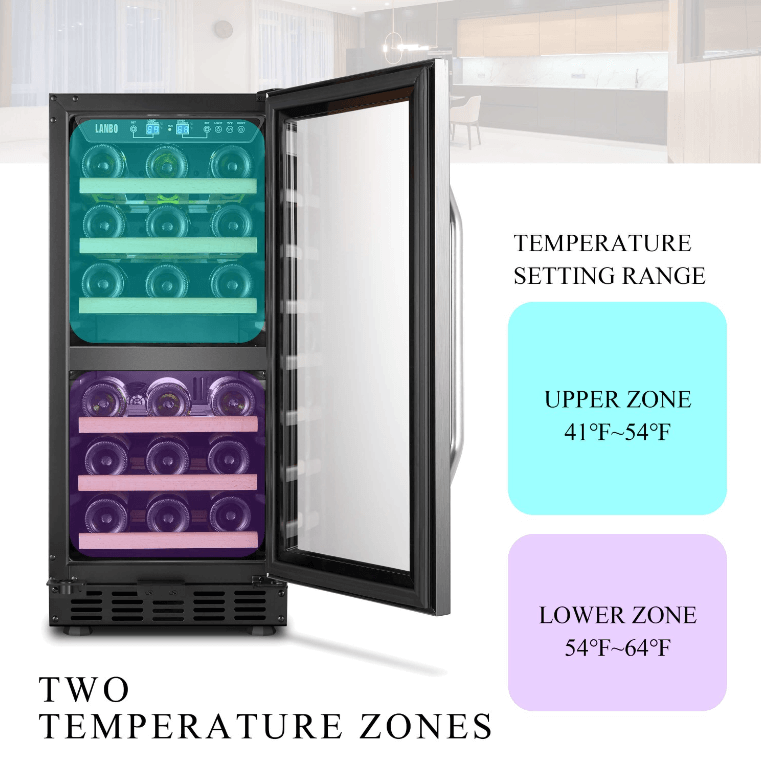 Lanbo 26 Bottle Dual Zone Wine Cooler LW28D image of product with description and feature