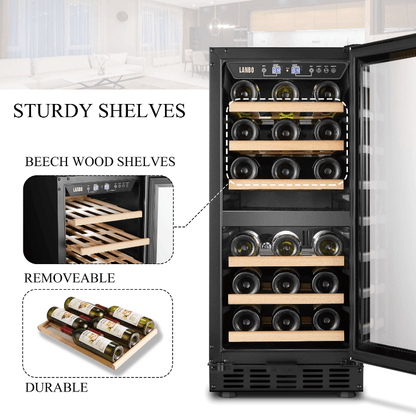 Lanbo 26 Bottle Dual Zone Wine Cooler LW28D image of product with description and feature