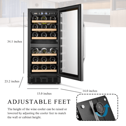 Lanbo 26 Bottle Dual Zone Wine Cooler LW28D image of product with description and feature