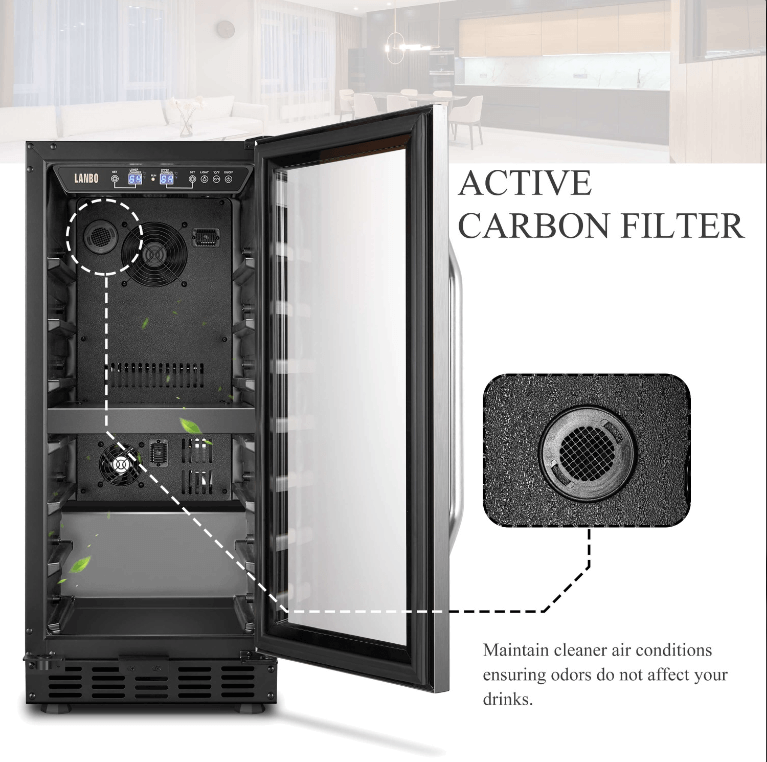 Lanbo 26 Bottle Dual Zone Wine Cooler LW28D image of product with description and feature