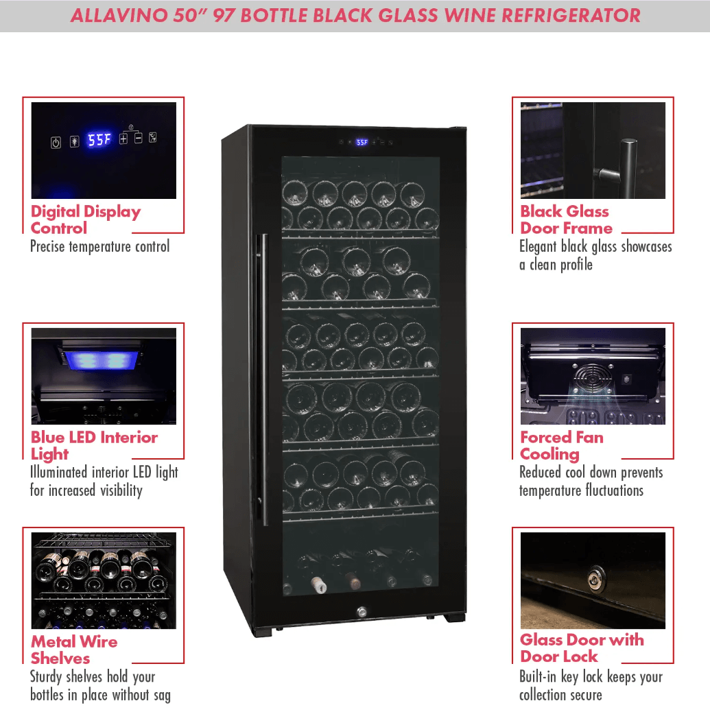 Allavino Contemporary 102 Bottle Single Zone Freestanding Wine Refrigerator with Black Glass Door KWR102S-1BGR