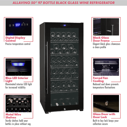 Allavino Contemporary 102 Bottle Single Zone Freestanding Wine Refrigerator with Black Glass Door KWR102S-1BGR