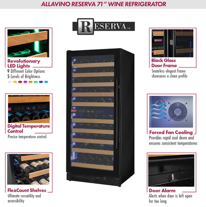 Allavino Reserva Series 119 Bottle 55" Tall Dual Zone Black Glass Wine Refrigerator VSW11955D-2BG image of product highlights