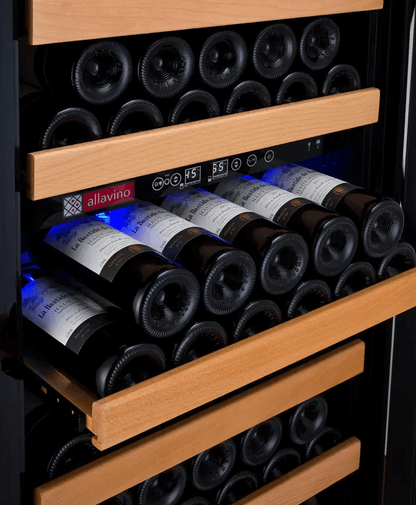 Allavino 24" Wide Vite II Tru-Vino 99 Bottle Dual Zone Black Right Hinge Wine Refrigerator YHWR99-2BR20 image of bottles on shelf