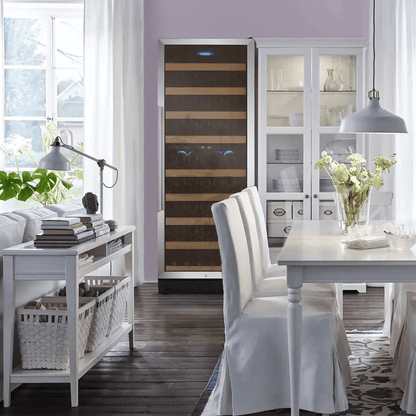 Allavino Vite Series 99 Bottle Dual Zone Freestanding Wine Cooler Refrigerator with Right Hinge Stainless Steel Door YHWR99-2SR20 image of unit built into cabinet