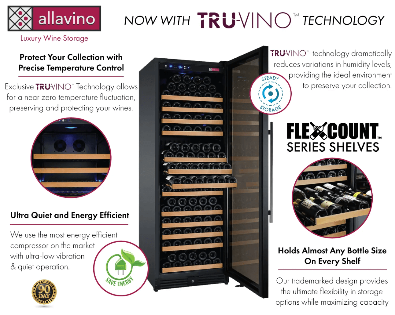 Allavino 24" Wide FlexCount II Tru-Vino 177 Bottle Single Zone Black Wine Refrigerator VSWR177-1BR20 image of product highlights