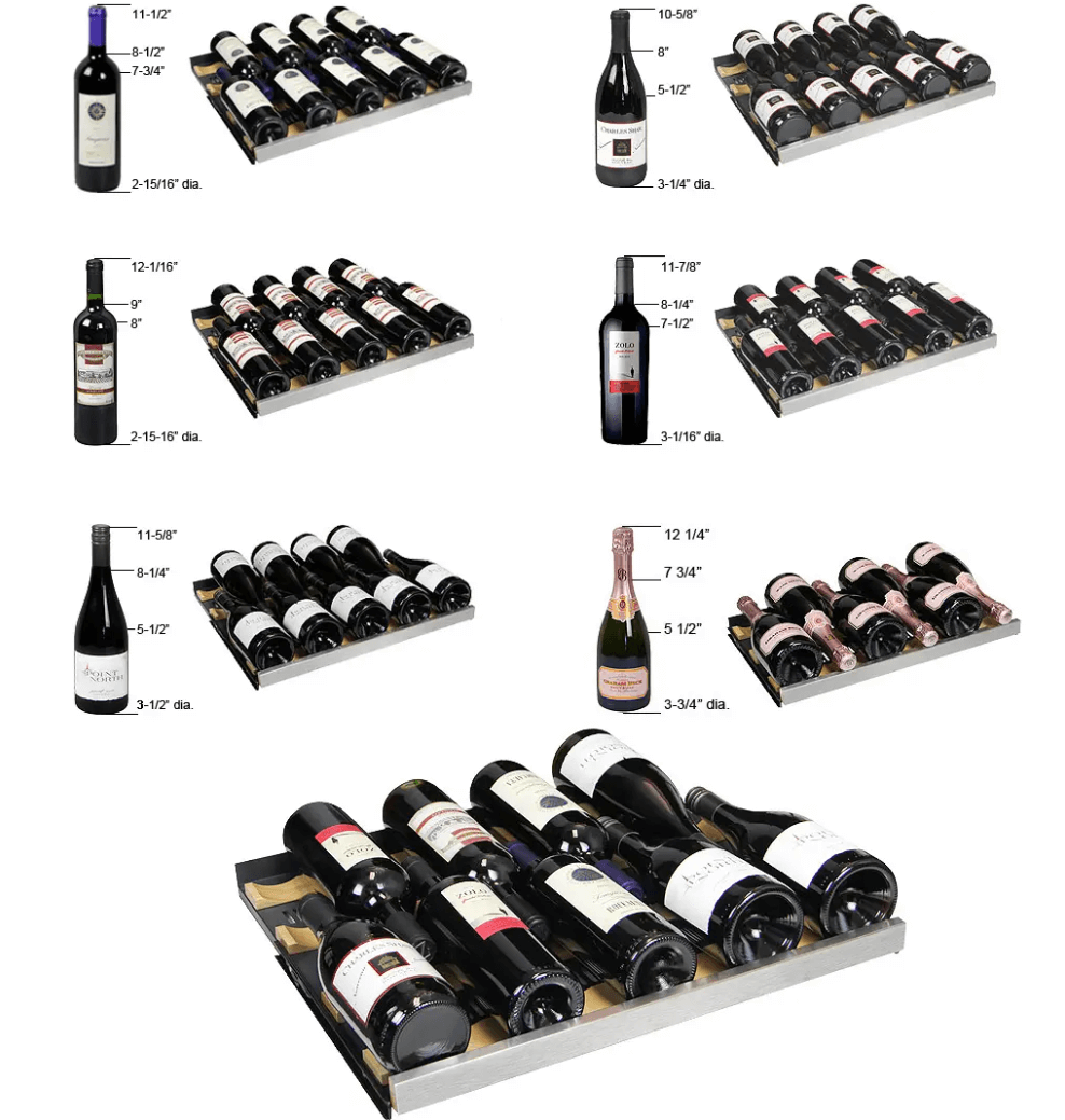 Allavino 24" Wide FlexCount II Tru-Vino 177 Bottle Single Zone Black Wine Refrigerator VSWR177-1BR20 image of shelves with bottles