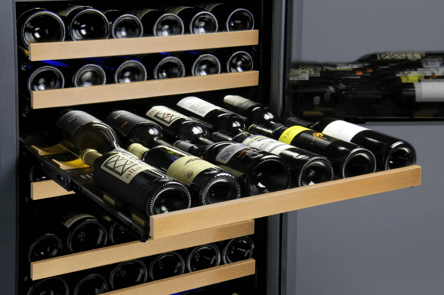 Allavino 24" Wide FlexCount II Tru-Vino 177 Bottle Single Zone Black Wine Refrigerator VSWR177-1BR20 image of shelf with bottles