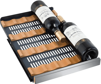 Allavino 15" Wide FlexCount II Tru-Vino 30 Bottle Single Zone Stainless Steel Wine Refrigerator VSWR30-1SR20 image of product shelving with wine bottles
