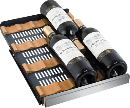 Allavino 15" Wide FlexCount II Tru-Vino 30 Bottle Single Zone Stainless Steel Wine Refrigerator VSWR30-1SR20 image of product shelving with wine bottles