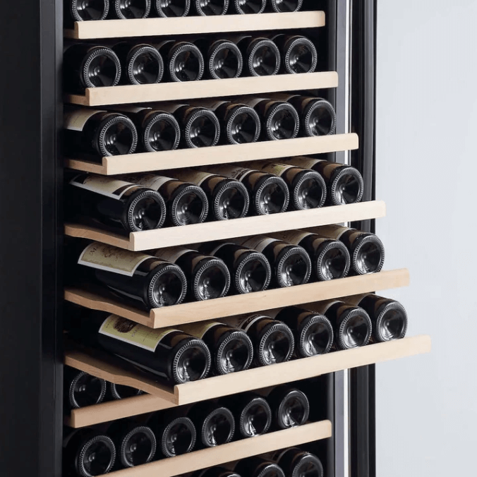 Empava Single Zone Wine Cooler 70 inch Tall Wine Fridge EMPV-WC07S with image of wine bottles on shelves