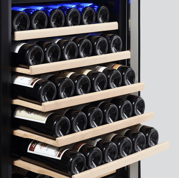 Empava Dual Zone Wine Cooler 55 inch Tall Wine Fridge EMPV-WC06D with image of wine bottles on shelves