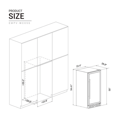 Empava Single Zone Wine Cooler 55 inch Tall Wine Fridge EMPV-WC05S with image of unit dimensions