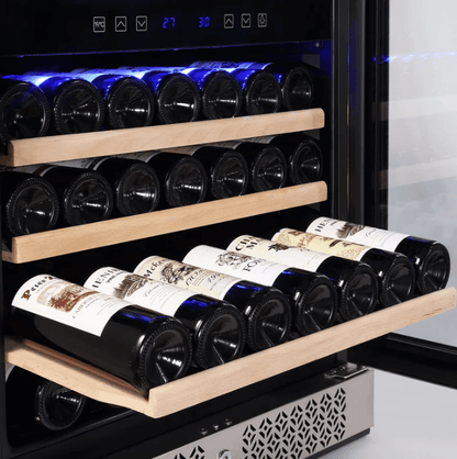 Empava Dual Zone Wine Cooler 24 inch Wide Wine & Beverage Cooler EMPV-WC04D with image of wine bottles on shelves