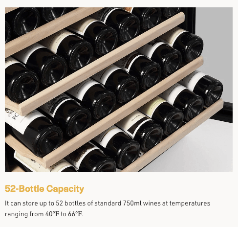 Empava Single Zone Wine Cooler Wine Fridge 24 inch Wide EMPV-WC03S with image of wine bottles on Beach wood shelves