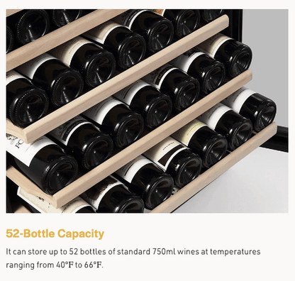 Empava Single Zone Wine Cooler Wine Fridge 24 inch Wide EMPV-WC03S with image of wine bottles on Beach wood shelves
