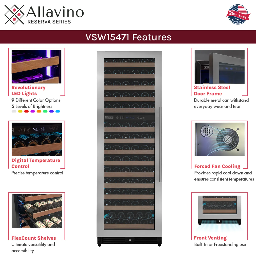 Allavino Reserva Series 154 Bottle Dual Zone Built-in Wine Refrigerator with Stainless Steel Door VSW15471D-2S