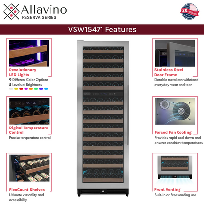 Allavino Reserva Series 154 Bottle Dual Zone Built-in Wine Refrigerator with Stainless Steel Door VSW15471D-2S