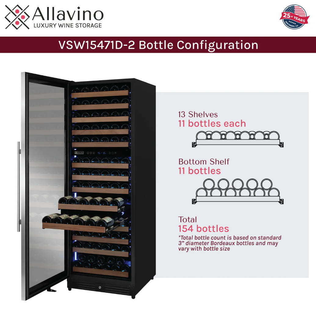 Allavino Reserva Series 154 Bottle Dual Zone Built-in Wine Refrigerator with Stainless Steel Door VSW15471D-2S