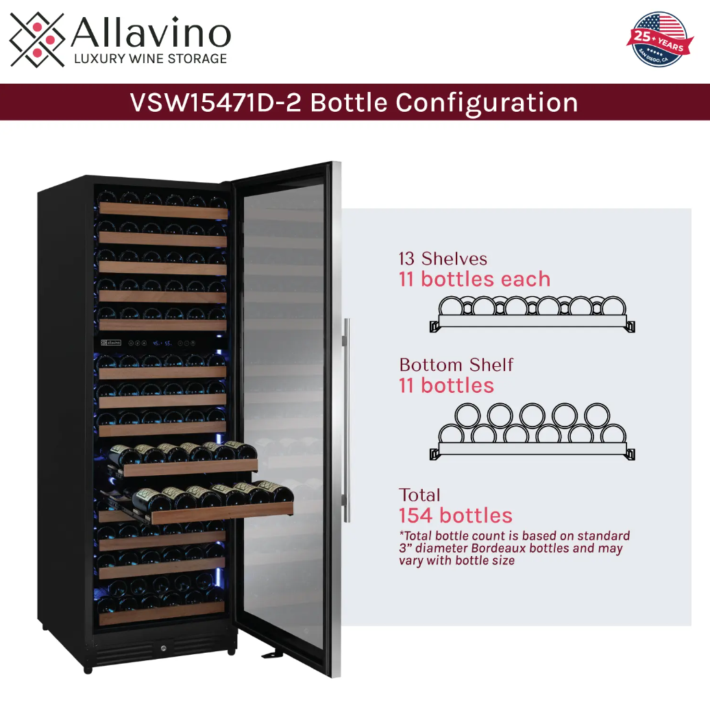 Allavino Reserva Series 154 Bottle Dual Zone Built-in Wine Refrigerator with Stainless Steel Door VSW15471D-2S