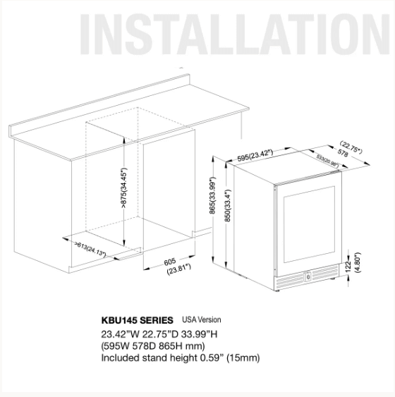 48" Ultimate Under Bench Wine Fridge and Bar Refrigerator Combo with 3 Temp. Zones image of sizing diagram | KBU145BW3