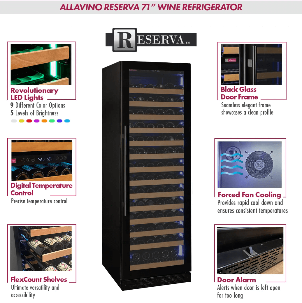 Allavino Reserva Series 163 Bottle 71" Tall Single Zone Black Glass Door Wine Cooler Refrigerator VSW16371S-1BGL image of product description