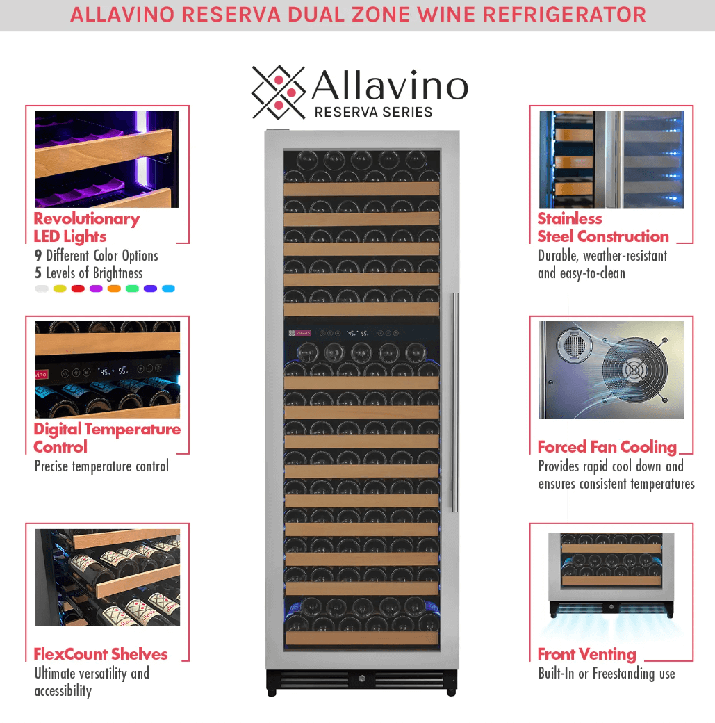 Allavino Reserva Series 172 Bottle Dual Zone Built-in Wine Refrigerator with Stainless Steel Door product description sheet